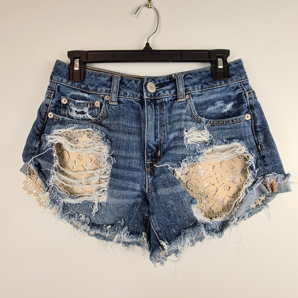 American Eagle High Rise Festival Shorts Denim‎ & Lace Size 6 Boho Cream Floral
